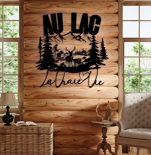 Au lac, la vraie vie – scène chalet et animaux – 30 po