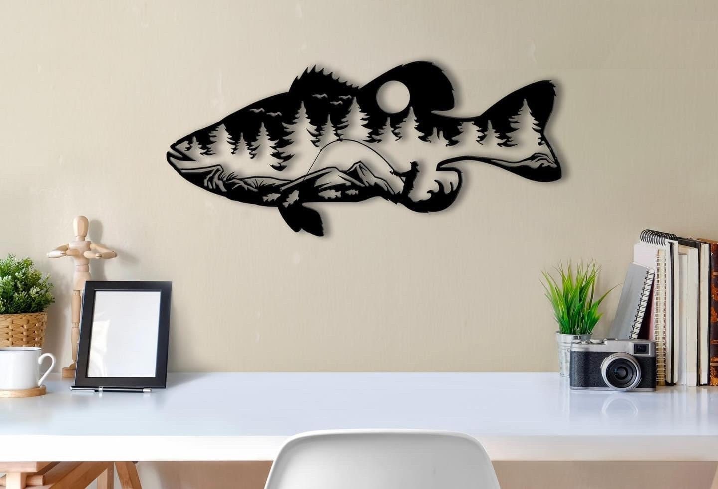 Pêcheur dans un poisson avec forêt, artistique, noir 16po