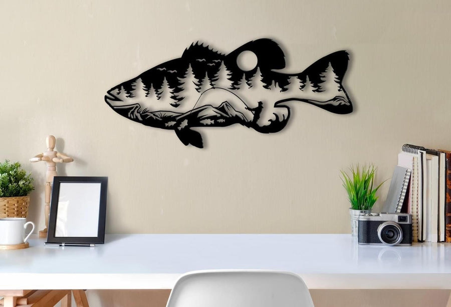 Pêcheur dans un poisson avec forêt, artistique, noir 16po