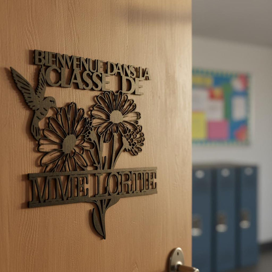 Découpe laser pour porte d'enseignant avec fleur et colibri