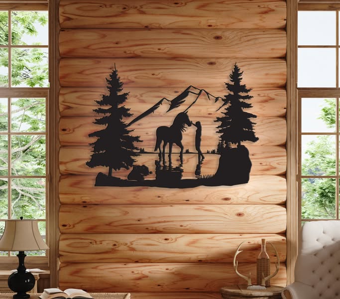 Scène cheval et fille avec montagne et lac – 24 po